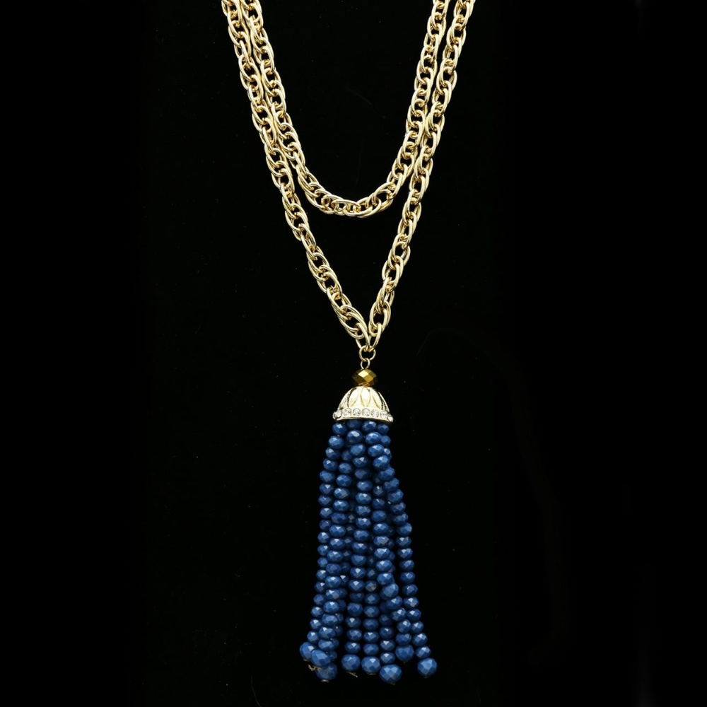 Faceted Beads Crystal Y-Necklace Gold & Blue NWOT
